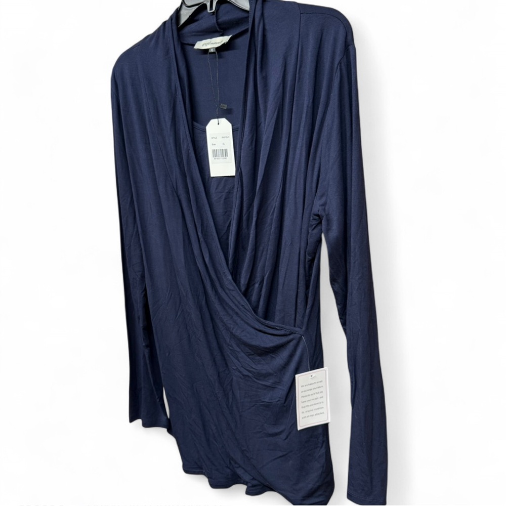 **SOLD** Angel Maternity Navy Blue Bamboo Wrap Top - Picture 3 of 7